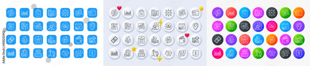 Payment message, Bid offer and Report line icons. Square, Gradient, Pin 3d buttons. AI, QA and map pin icons. Pack of Fraud, Card, Contactless payment icon. Vector