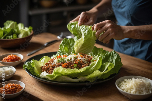 the process of making lettuce wraps, lettuce leaves being filled with savory ingredients photo