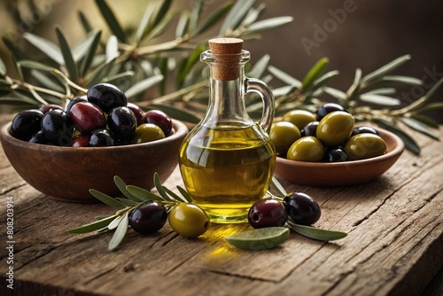 pairing a glass bottle of olive oil with a handful of fresh olives on a wooden table