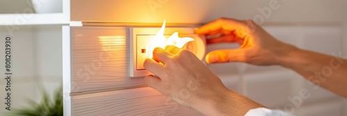 Intense flames engulfing an electrical socket mounted on a wall in a dangerous fire hazard scenario photo