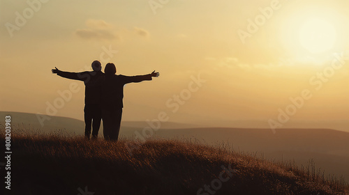 A dramatic silhouette of an elderly couple standing on a hilltop, arms outstretched as they embrace the beauty of the landscape spread out before them. Dynamic and dramatic composi
