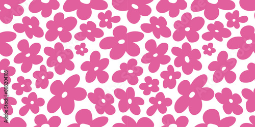 Wallpaper Mural 2000s flowers, y2k background. Seamless pattern with abstract pink flowers on white background Torontodigital.ca