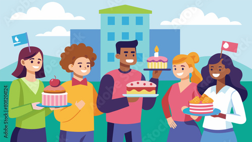 A group of students hosting a bake sale on campus with a sign that reads All proceeds go towards our crowdfunding for education campaign to raise. Vector illustration
