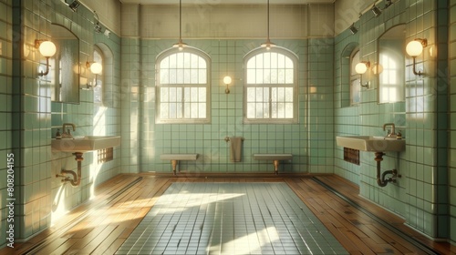 Detailed 3D illustration of a Bauhaus bathroom with wooden flooring  metal sconces  and a wide-angle view under bright  clean lighting.