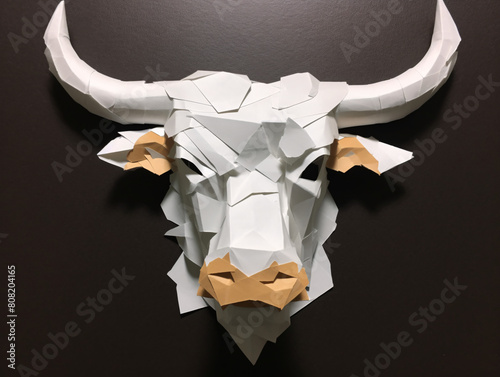 White geometric bull head sculpture on a dark background, modern art piece photo