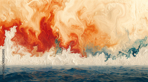 Vivid abstract art of fiery colors blending into cool blues over ocean waves. photo