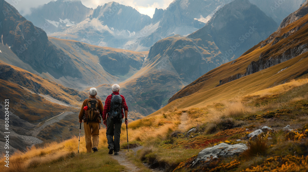 A dynamic shot of an elderly couple hiking together in the mountains, with rugged peaks and winding trails stretching out into the distance. Dynamic and dramatic composition, with