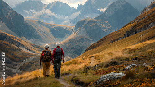 A dynamic shot of an elderly couple hiking together in the mountains, with rugged peaks and winding trails stretching out into the distance. Dynamic and dramatic composition, with