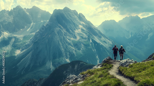 A dynamic shot of an elderly couple hiking together in the mountains, with rugged peaks and winding trails stretching out into the distance. Dynamic and dramatic composition, with photo