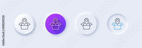 Package tracking line icon. Neumorphic, Purple gradient, 3d pin buttons. Delivery monitoring sign. Shipping box location symbol. Line icons. Neumorphic buttons with outline signs. Vector