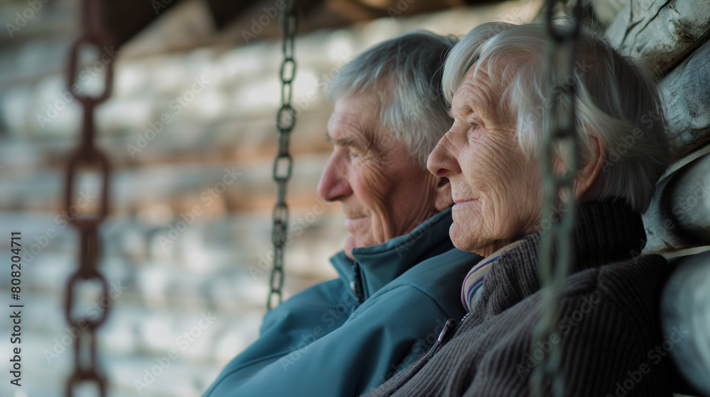 Obraz premium A close-up of an elderly couple's faces as they share a quiet moment of reflection on their porch swing, with soft focus adding to the sense of intimacy. Dynamic and dramatic compo