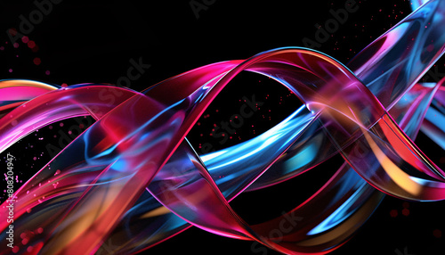 Vibrant digital art of intertwining ribbons with a neon glow against a dark background. photo