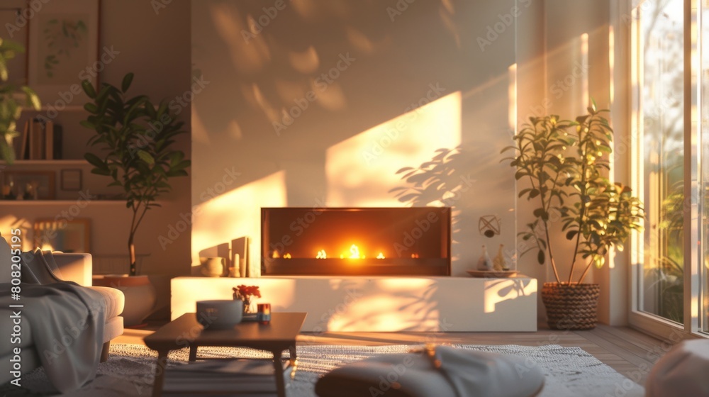 Fototapeta premium Detailed 3D illustration of a bright Scandinavian living room with a subtle, sleek fireplace and clean lines, illuminated by early morning light.