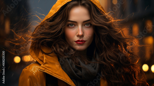 portrait of a girl against the background of the night streets of a modern city, with lights and glow