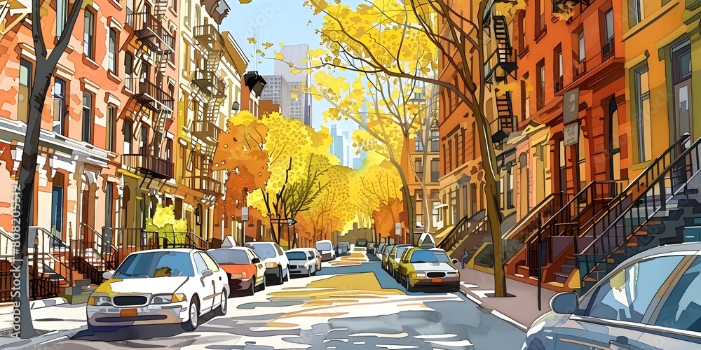 Watercolor-style illustrations of bustling city streets, alleys, and neighborhoods, capturing the dynamic energy and everyday life of urban environments with lively colors and intricate 