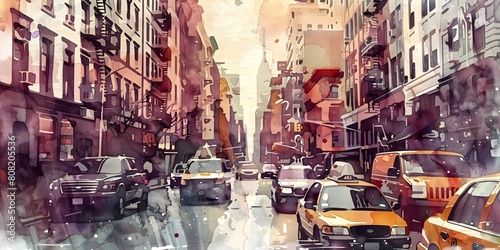 Watercolor-style illustrations of city and building