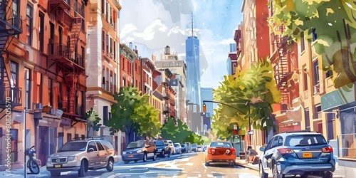 Watercolor-style illustrations of bustling city streets, alleys, and neighborhoods photo