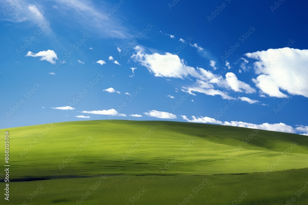 A beautiful summer or spring landscape with green grass on the hills and green fields. The blue sky is filled with white clouds and bright sunlight. Nature as a background.