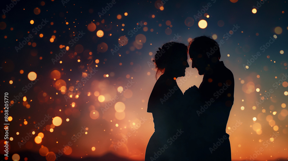 A dynamic silhouette of an elderly couple dancing together under the stars, with twinkling lights and soft music setting the mood for romance. Dynamic and dramatic composition, wit