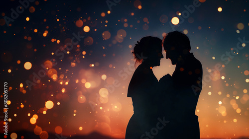 A dynamic silhouette of an elderly couple dancing together under the stars, with twinkling lights and soft music setting the mood for romance. Dynamic and dramatic composition, wit