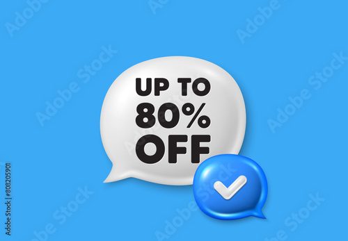 Up to 80 percent off sale. Text box speech bubble 3d icons. Discount offer price sign. Special offer symbol. Save 80 percentages. Discount tag chat offer. Speech bubble banner. Vector