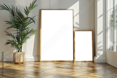 Two vertical wooden frames interior mockup leaning against white classically styled wall, complemented by lush potted plant and warm sunlight. photo