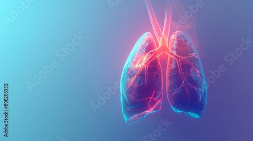 Human lungs. Cancer and respiratory diseases of the pulmonary system. The science of pulmonology in the treatment of tuberculosis, asthma and bronchitis. 3D organ with a red and blue background. photo