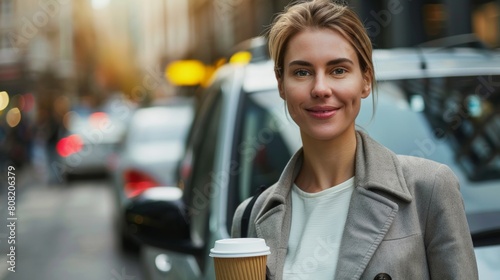 Student woman in front of taxi car with take away coffee city street