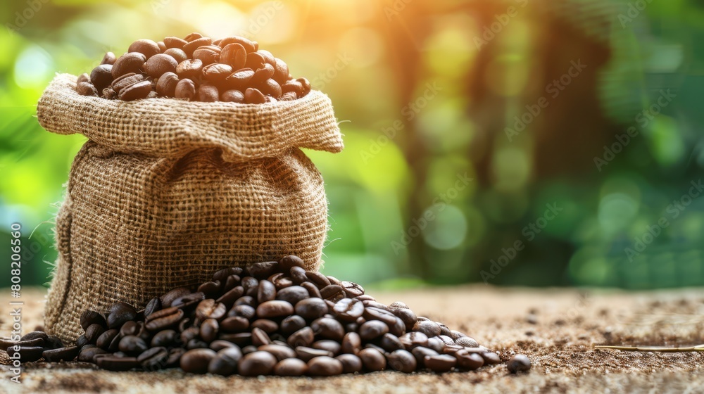   A sack of coffee beans sits atop one pile, nearby stands another pile of coffee beans