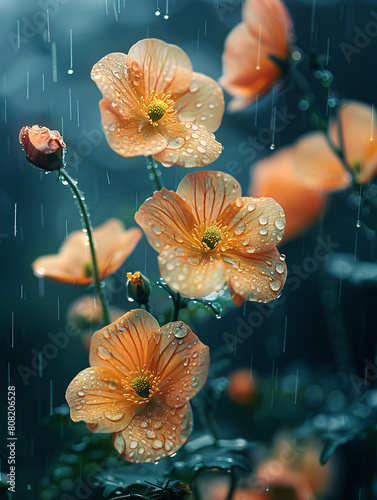 Orange flowers with raindrops against a dark, moody background photo