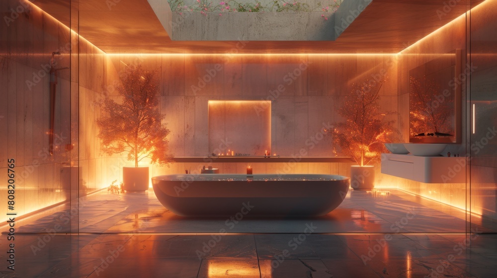 Detailed 3D illustration of a luxury bathroom with indirect lighting behind the mirror and along the edges of the ceiling, creating a floating effect. Detailed 3D illustration of a luxury bathroom with indirect lighting behind the mirror and along the edges of the ceiling, creating a floating effect.