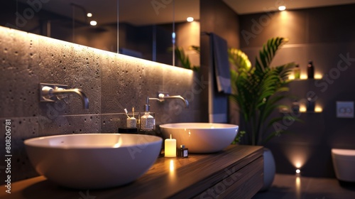 Detailed 3D illustration of a luxury bathroom with wall-mounted lights flanking a vanity mirror  casting no shadows and highlighting the sleek design