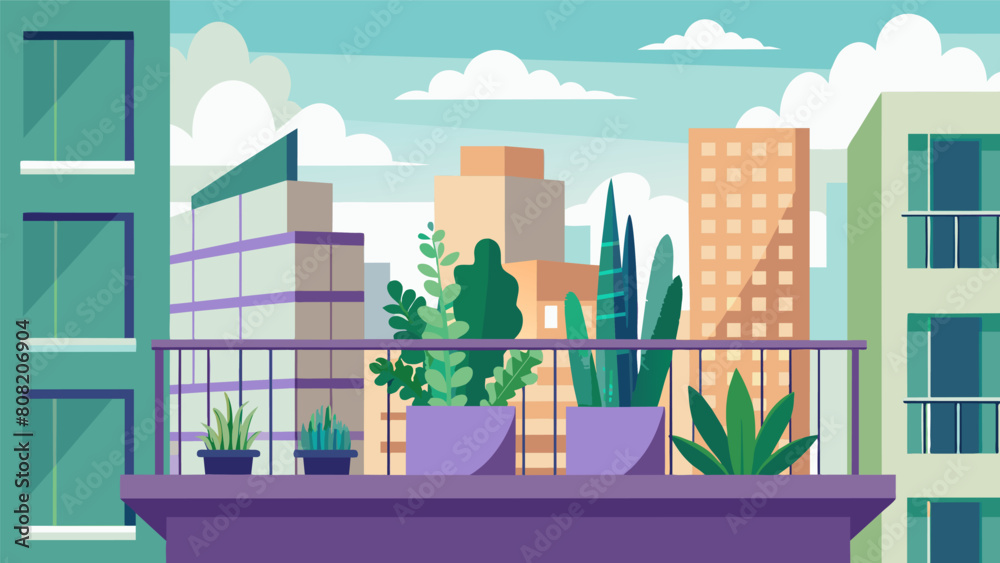 Naklejka premium A modern apartment balcony featuring a vertical herb garden showcasing a variety of aromatic plants like lavender sage and mint providing a serene.