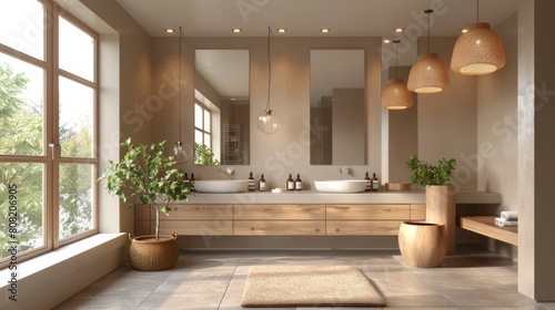 Detailed 3D illustration of a luxury modern bathroom with a double sink vanity  pendant lights  and a neutral palette that enhances the sense of space.