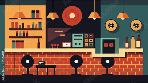 Surrounded by exposed brick walls the rustic record wall in this trendy bar boasts a vast collection of indie and underground records for guests to Vector illustration