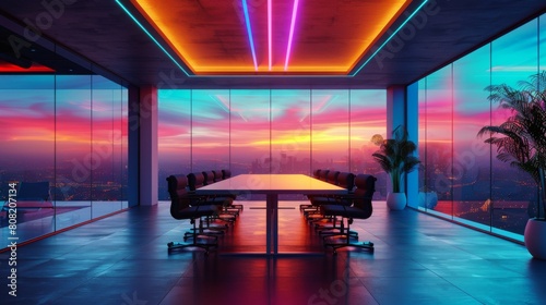 Detailed 3D illustration of a meeting room in a tech company  featuring minimalist decor  ergonomic design  and LED mood lighting for creativity boosts.