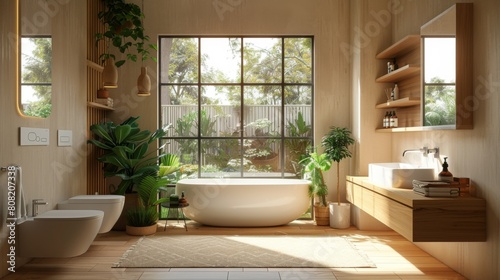 Detailed 3D illustration of a minimalist bathroom with Scandinavian influences, wooden accents, and a large window providing ample natural light.