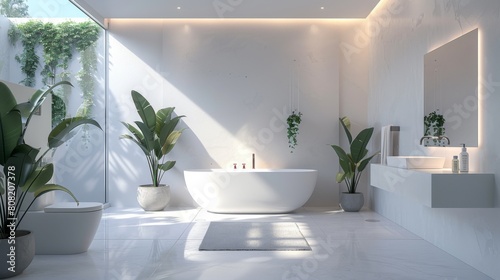 Detailed 3D illustration of a minimalist bathroom with all-white fixtures and fittings  accented by a single piece of greenery and illuminated by clean  bright light.