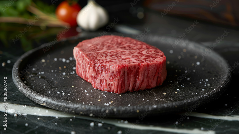 Raw marbled meat on plate. Raw marbled meat on plate.