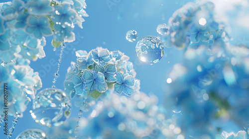 Blue hydrangea flowers and water droplets against a bright sky.