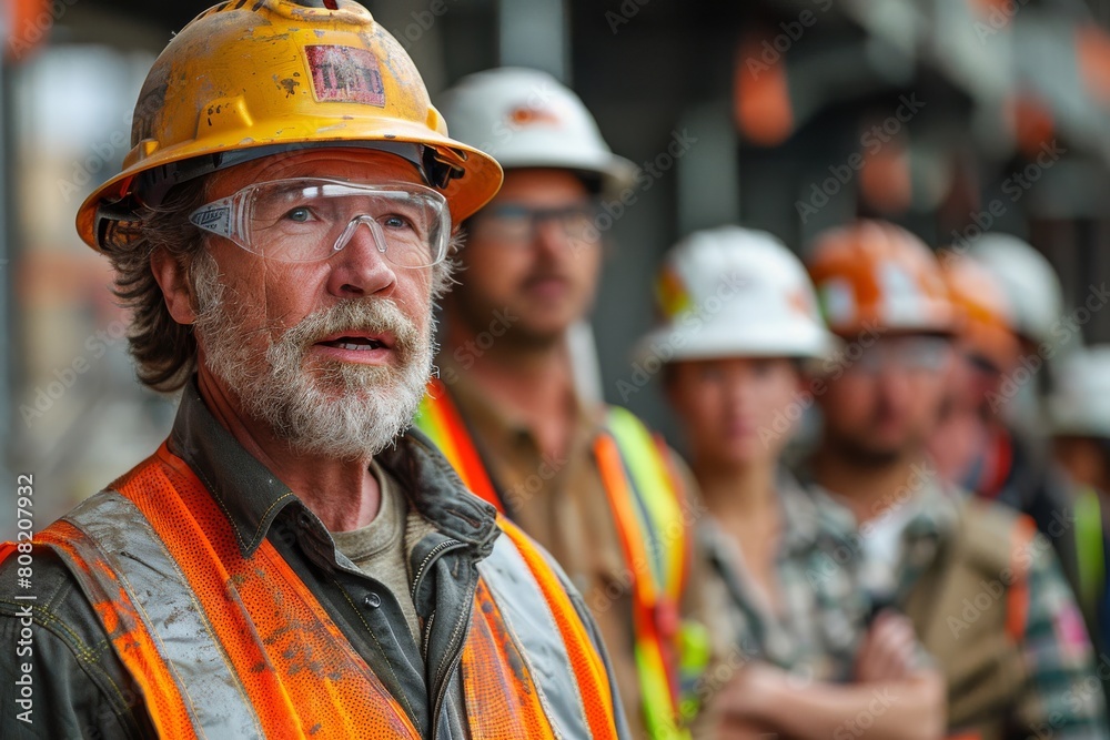 A mature construction worker in focus, wearing a hard hat and reflective vest with team in background A mature construction worker in focus, wearing a hard hat and reflective vest with team in background