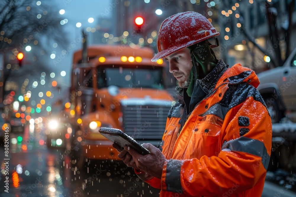 A worker in high-visibility gear holding a tablet on a bustling city street lit up with raindrops and city lights at night