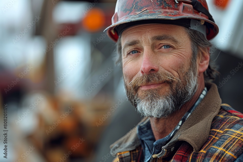 Close-up portrait of an older construction worker with a friendly smile and a rugged look