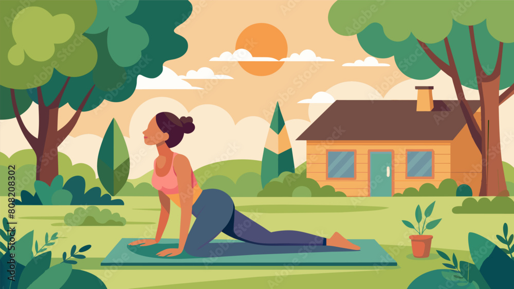 Nestled in a peaceful backyard garden a woman practices her Pilates routine on a cozy outdoor mat her movements guided by the soft rustling of trees. Vector illustration
