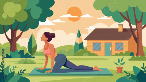 Nestled in a peaceful backyard garden a woman practices her Pilates routine on a cozy outdoor mat her movements guided by the soft rustling of trees. Vector illustration