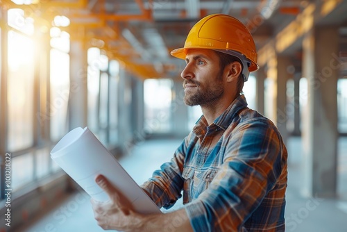 An architect in a plaid shirt and hard hat reviewing blueprints in a bright, modern construction environment photo