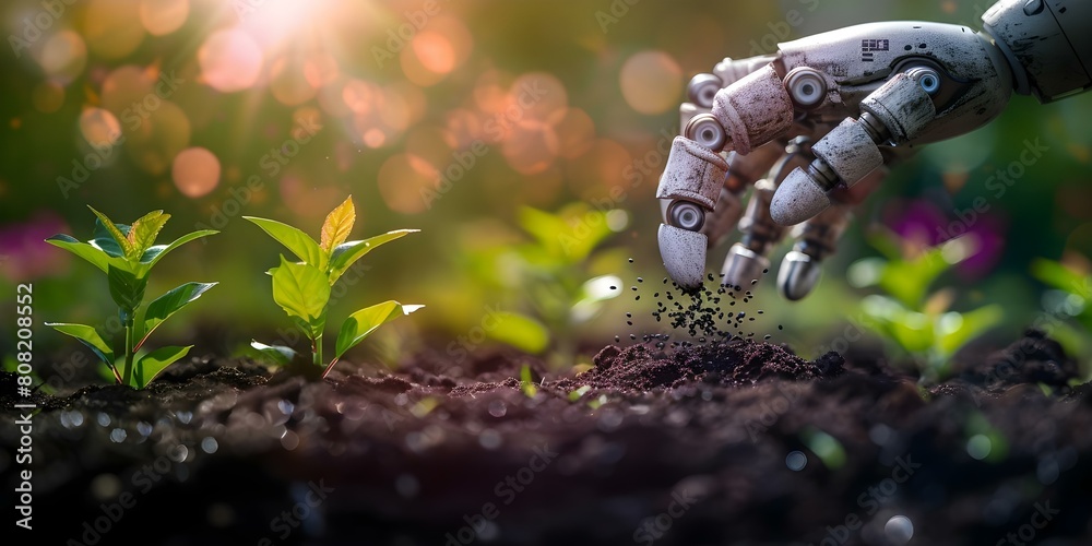 Soil Robotics Innovative Growth: Robotic Hand Planting Seeds in Soil. Concept ...