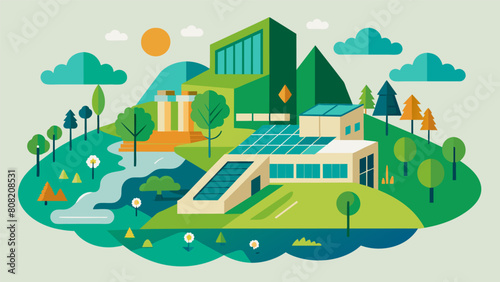 Utilizing sustainable materials and green building practices the landscape architecture is seamlessly blended into the construction process showcasing. Vector illustration