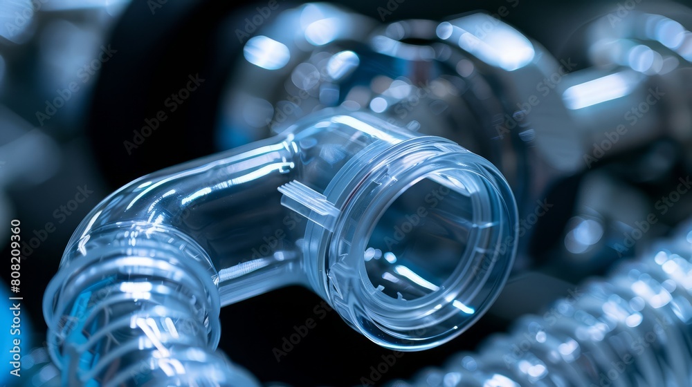 A clear plastic tube is bent and twisted. The tube is blue and has a ...