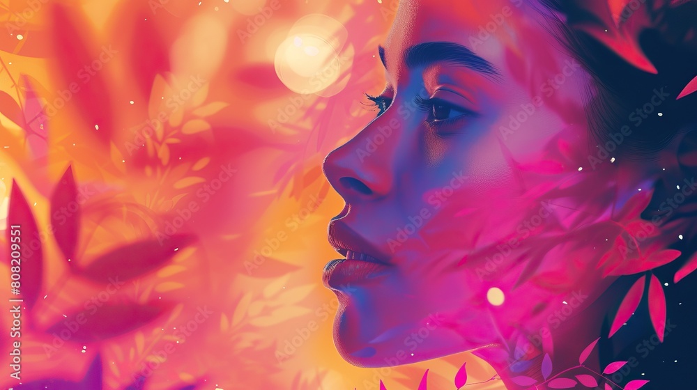 Dreamy Foliage Portrait. Digital artwork of a woman's profile overlaid with vibrant, colorful foliage and soft light effects, creating a dreamy and artistic atmosphere.